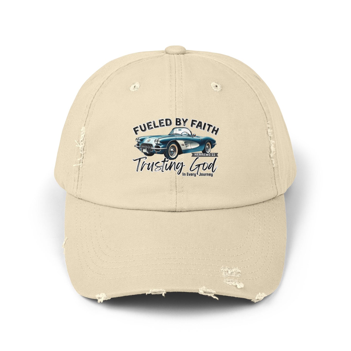 Fueled by Faith Corvette Distressed Trucker Hat Trusting God | Hebrews 11 Christian Car Cap