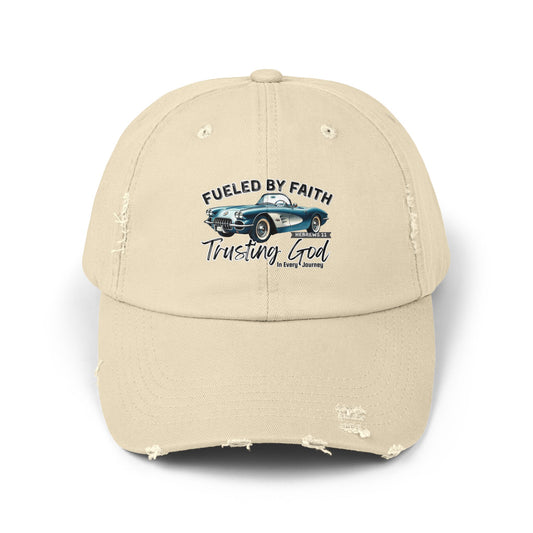 Fueled by Faith Corvette Distressed Trucker Hat Trusting God | Hebrews 11 Christian Car Cap