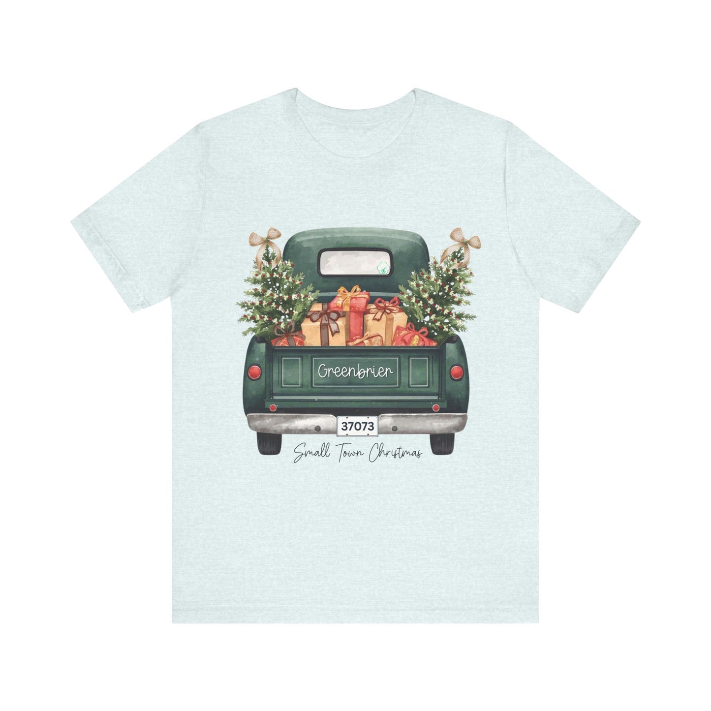 Small Town Christmas T-Shirt – Vintage Green Truck with Gifts & Trees | Personalized Bella Canvas Unisex Tee