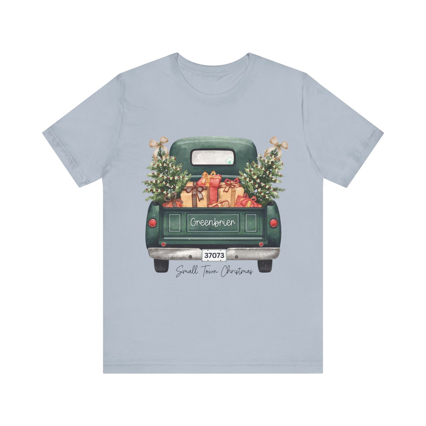 Small Town Christmas T-Shirt – Vintage Green Truck with Gifts & Trees | Personalized Bella Canvas Unisex Tee