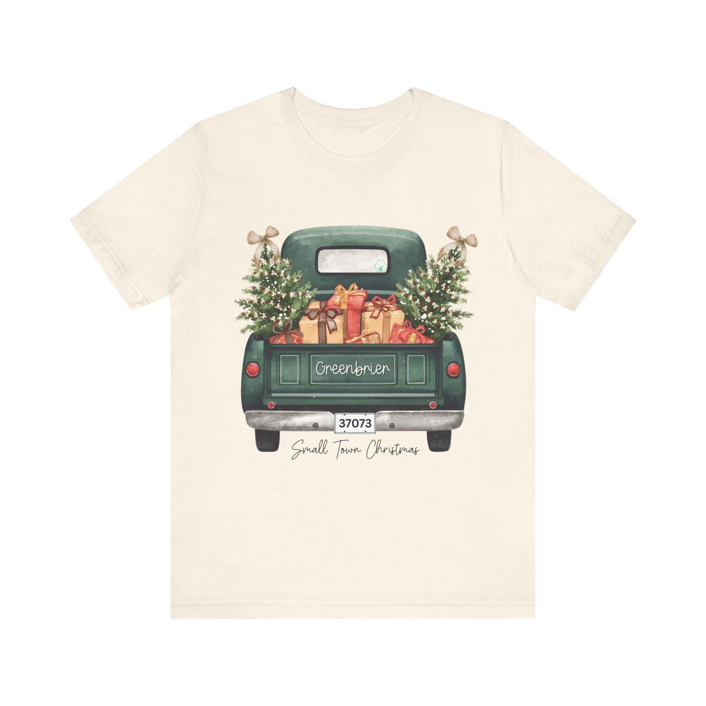 Small Town Christmas T-Shirt – Vintage Green Truck with Gifts & Trees | Personalized Bella Canvas Unisex Tee