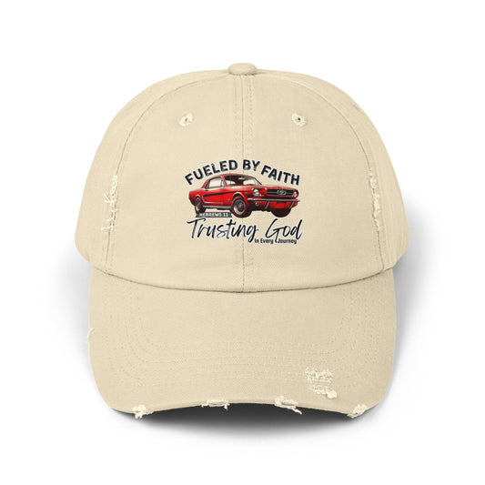 Fueled by Faith Mustang Distressed Trucker Hat – Hebrews 11 Christian Muscle Car Cap
