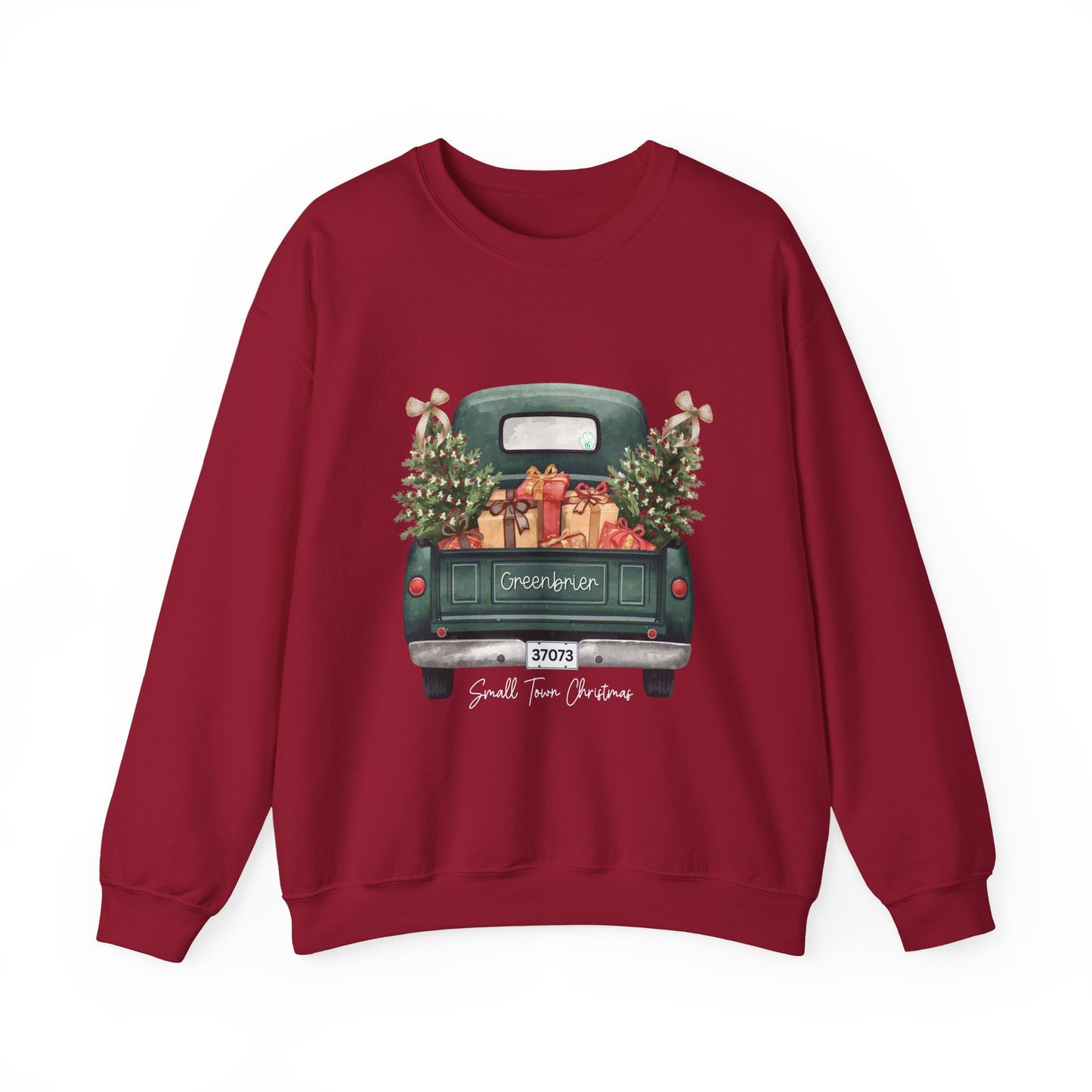 Small Town Christmas Sweatshirt – Vintage Green Truck with Gifts & Trees | Cozy Gildan 18000 Crewneck