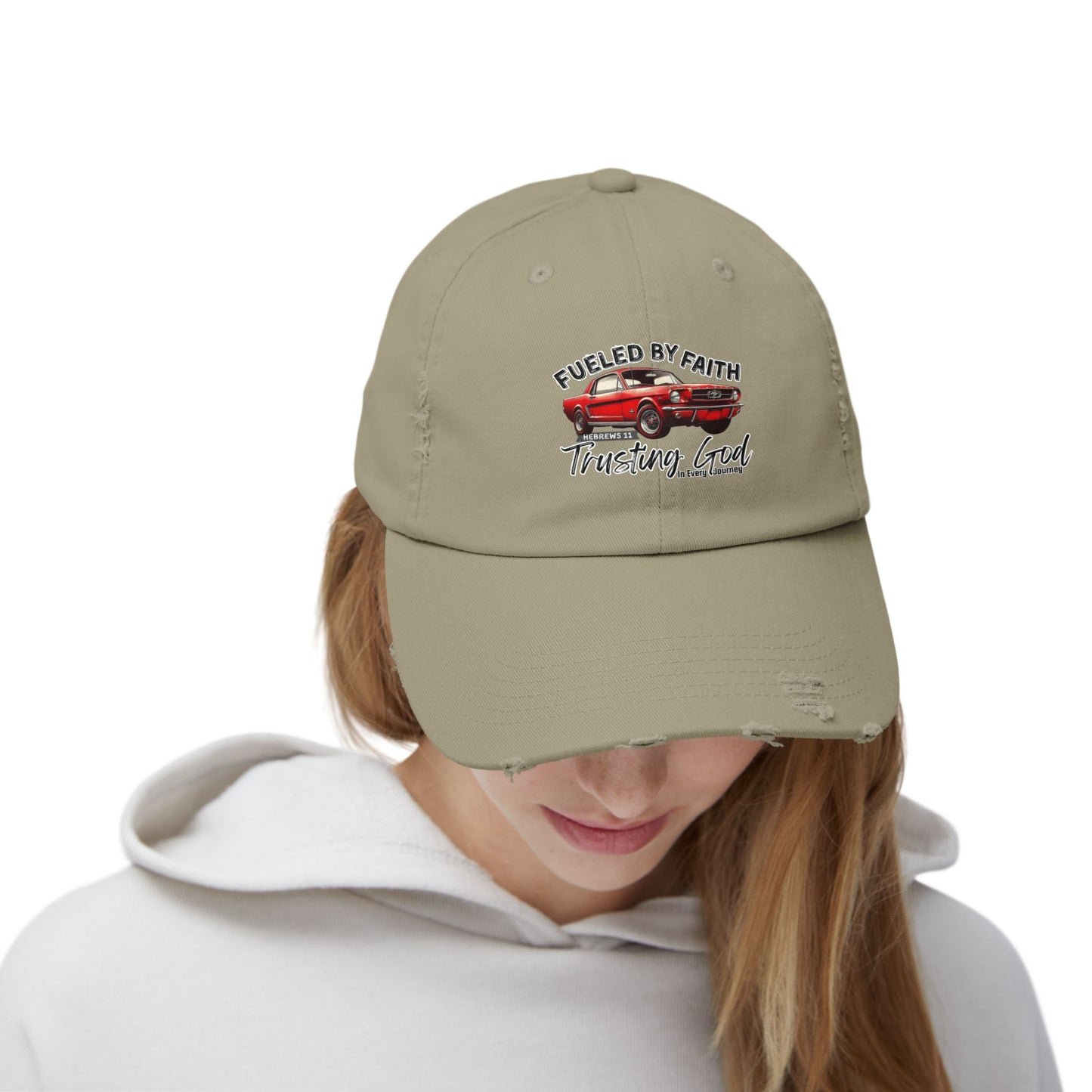 Fueled by Faith Mustang Distressed Trucker Hat – Hebrews 11 Christian Muscle Car Cap