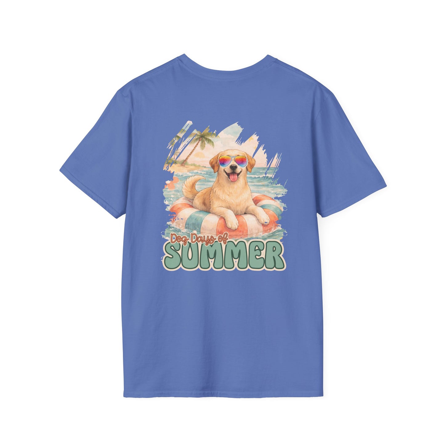 Golden Lab Beach Tee – Retro Summer Dog Shirt with Sunglasses | Coastal Back Graphic + Palm Chest Print