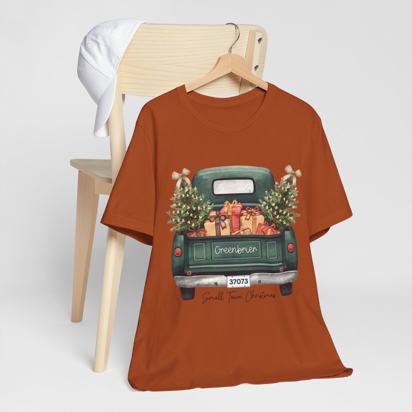 Small Town Christmas T-Shirt – Vintage Green Truck with Gifts & Trees | Personalized Bella Canvas Unisex Tee