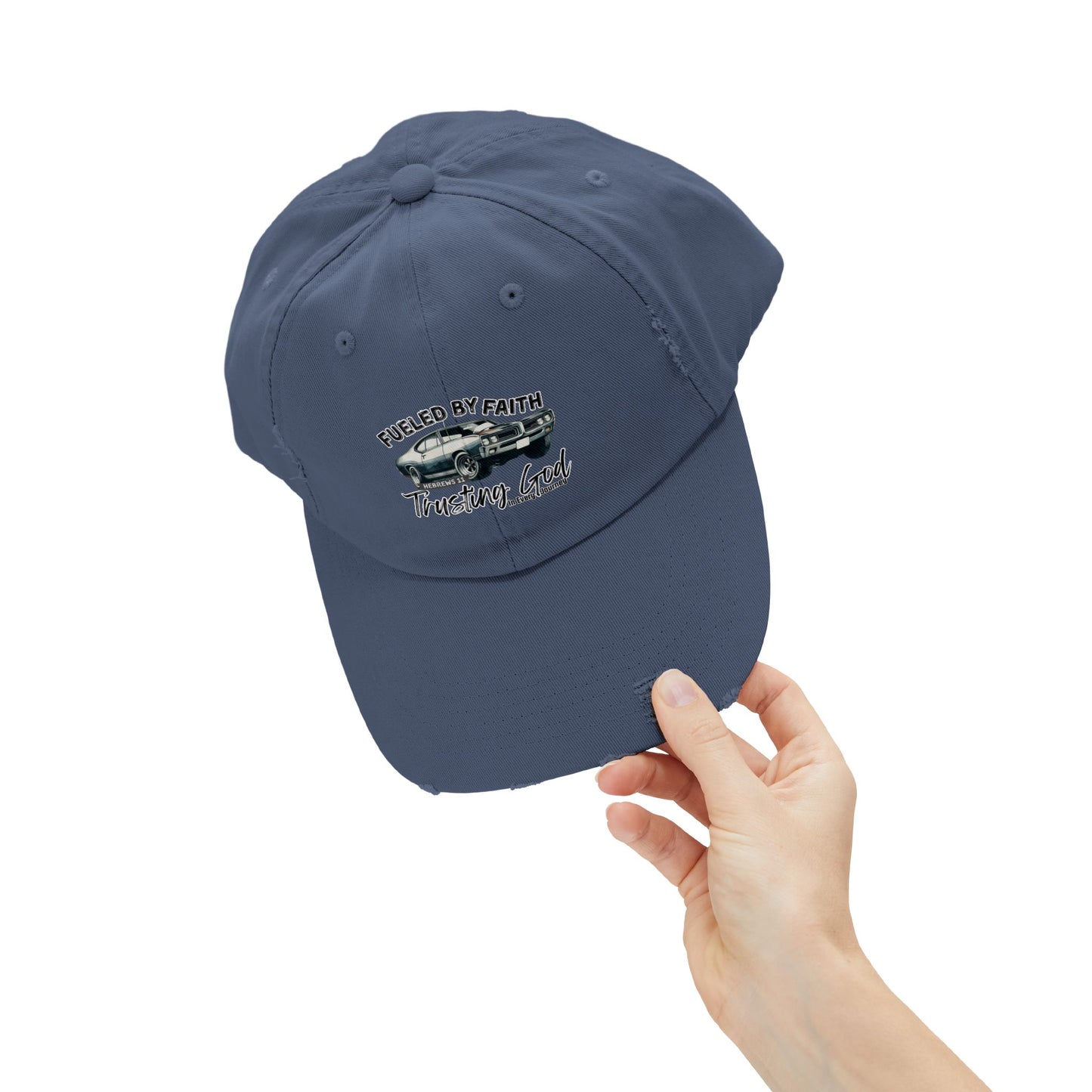 Fueled by Faith GTO Distressed Trucker Hat – Hebrews 11 Christian Muscle Car Cap