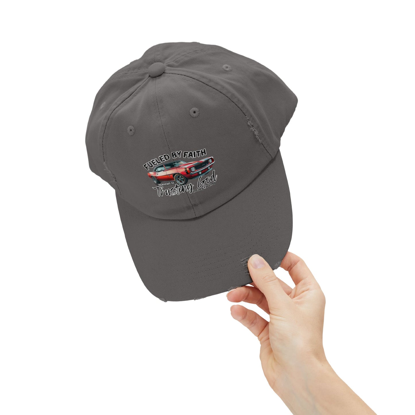 Fueled by Faith Camaro Distressed Trucker Hat – Hebrews 11 Christian Muscle Car Cap