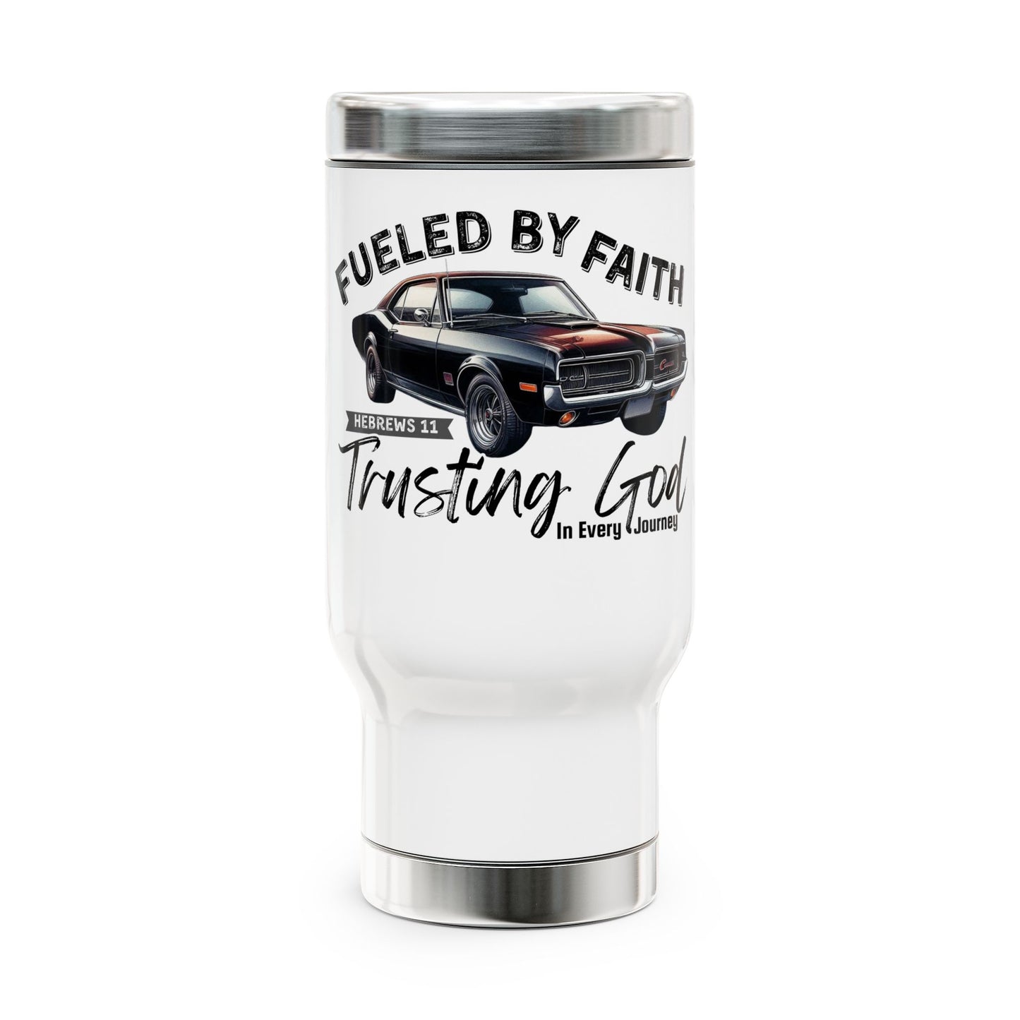Fueled by Faith Cougar 14 oz Stainless Steel Travel Mug – Hebrews 11 Christian Muscle Car Tumbler