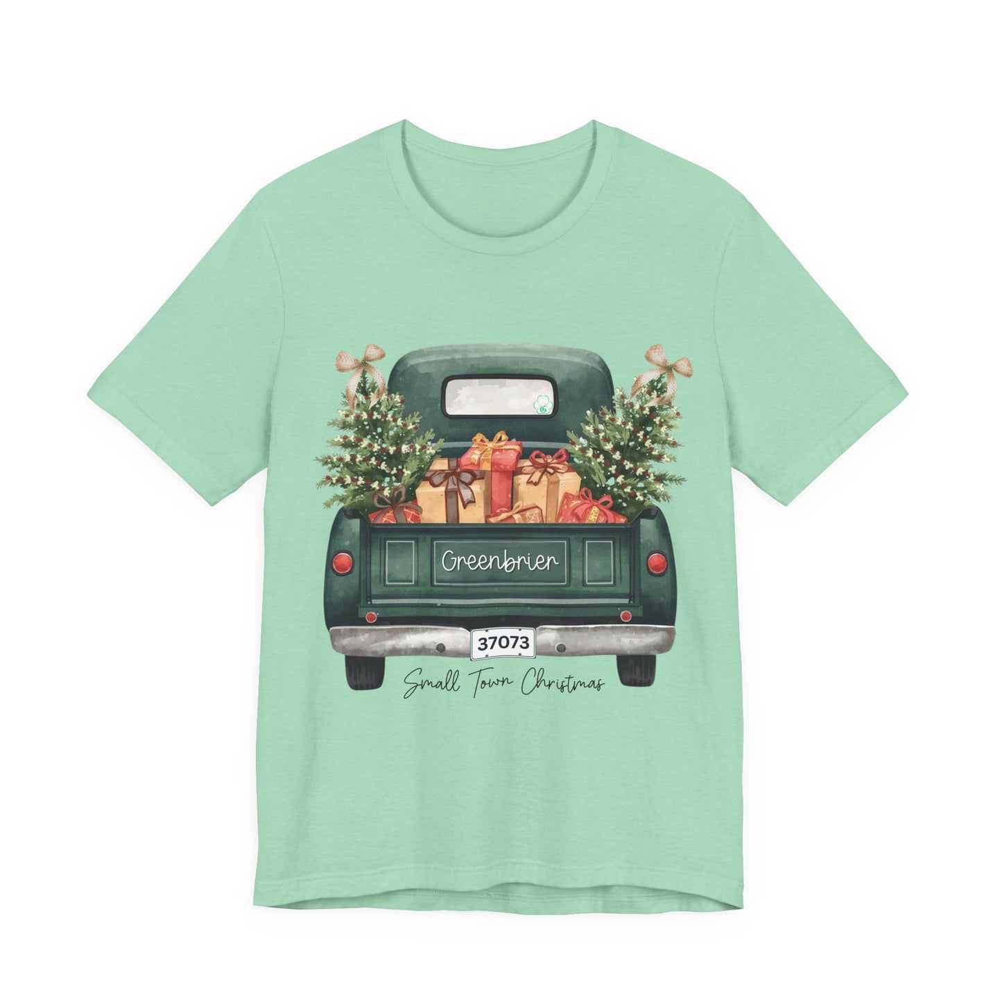 Small Town Christmas T-Shirt – Vintage Green Truck with Gifts & Trees | Personalized Bella Canvas Unisex Tee