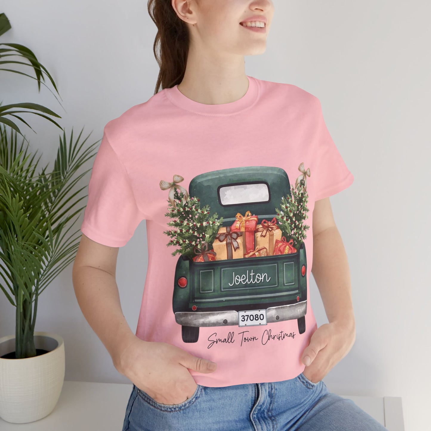 Small Town Christmas T-Shirt – Vintage Green Truck with Gifts & Trees | Personalized Bella Canvas Unisex Tee