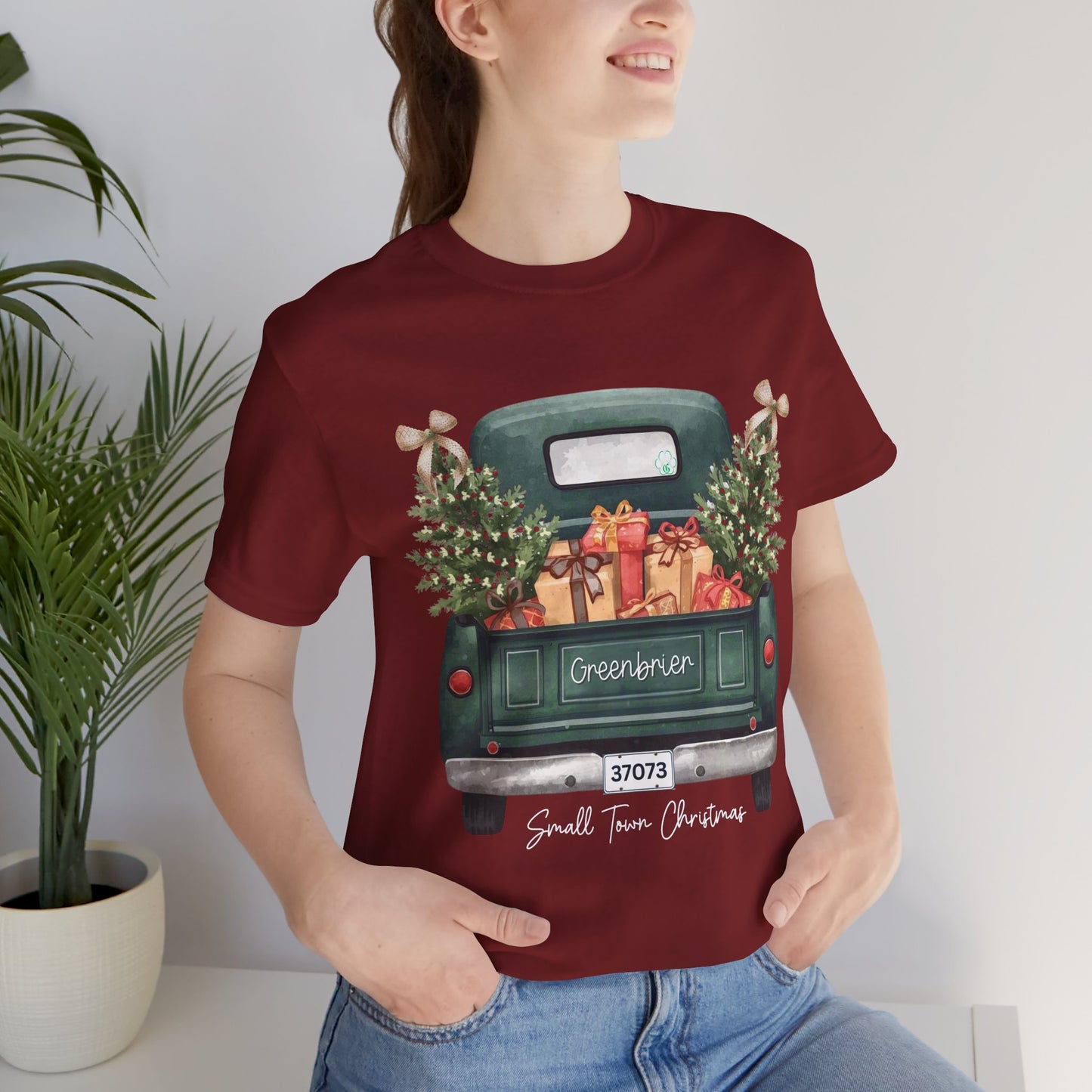 Small Town Christmas T-Shirt – Vintage Green Truck with Gifts & Trees | Personalized Bella Canvas Unisex Tee