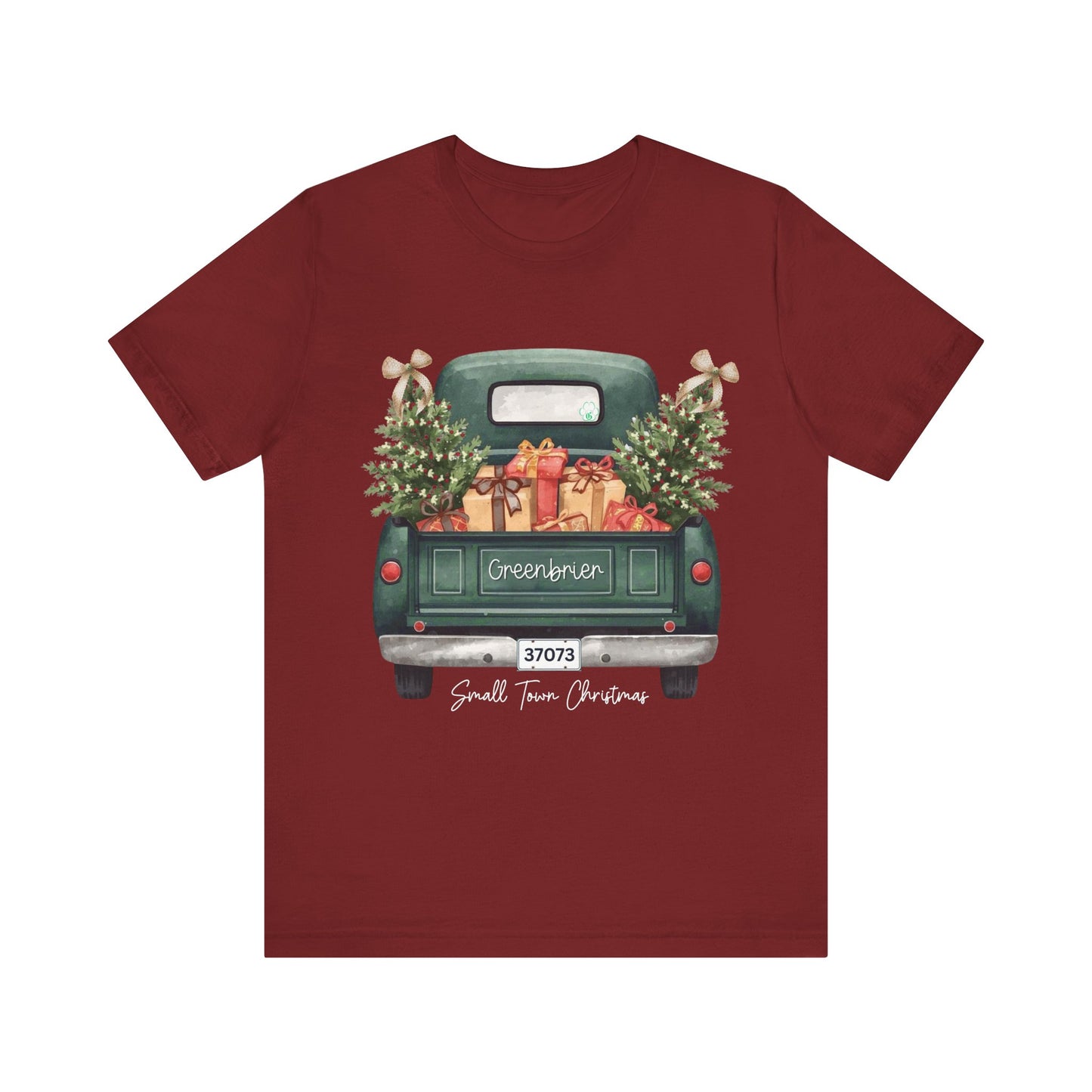 Small Town Christmas T-Shirt – Vintage Green Truck with Gifts & Trees | Personalized Bella Canvas Unisex Tee