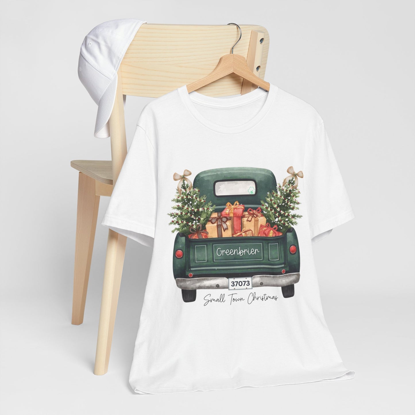 Small Town Christmas T-Shirt – Vintage Green Truck with Gifts & Trees | Personalized Bella Canvas Unisex Tee