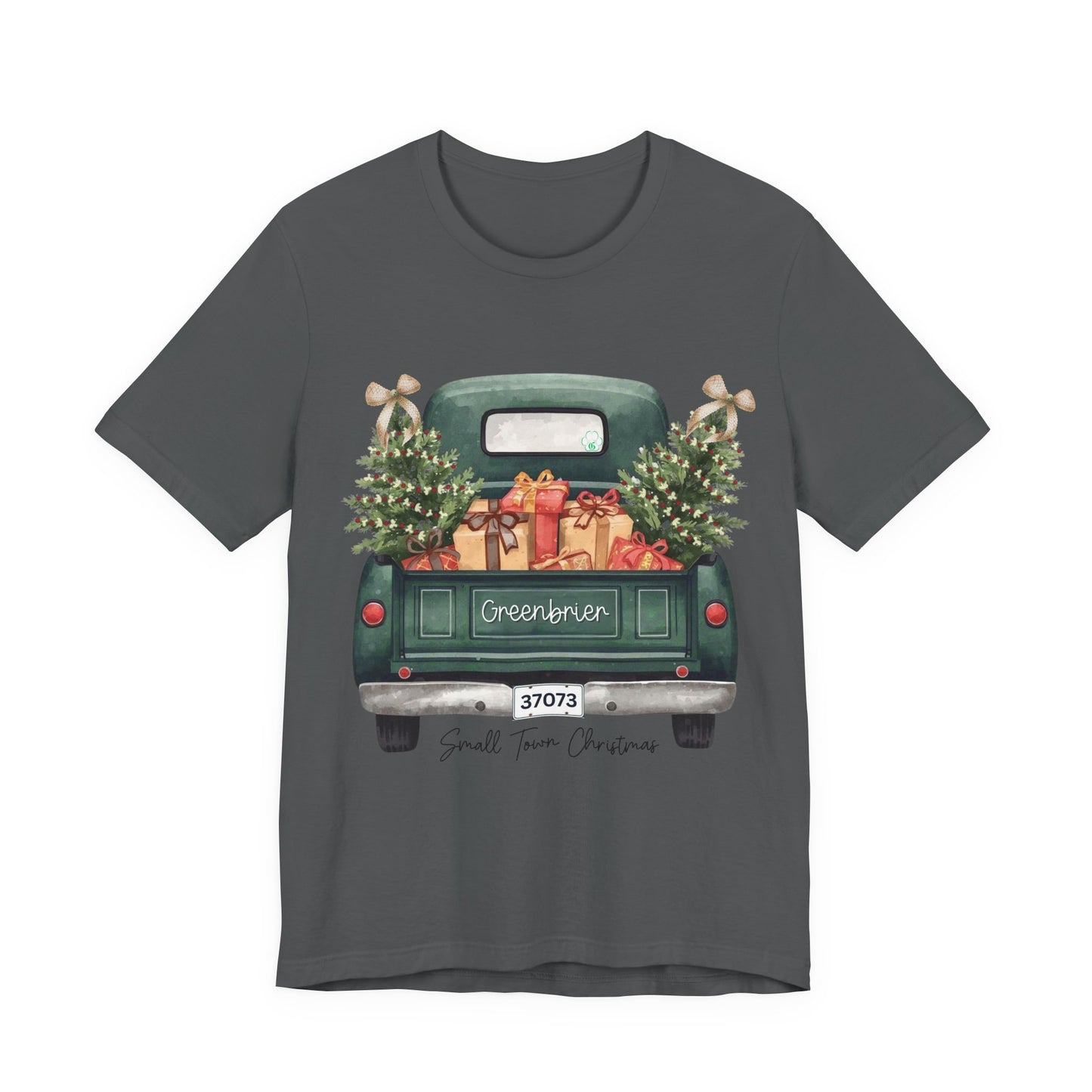 Small Town Christmas T-Shirt – Vintage Green Truck with Gifts & Trees | Personalized Bella Canvas Unisex Tee