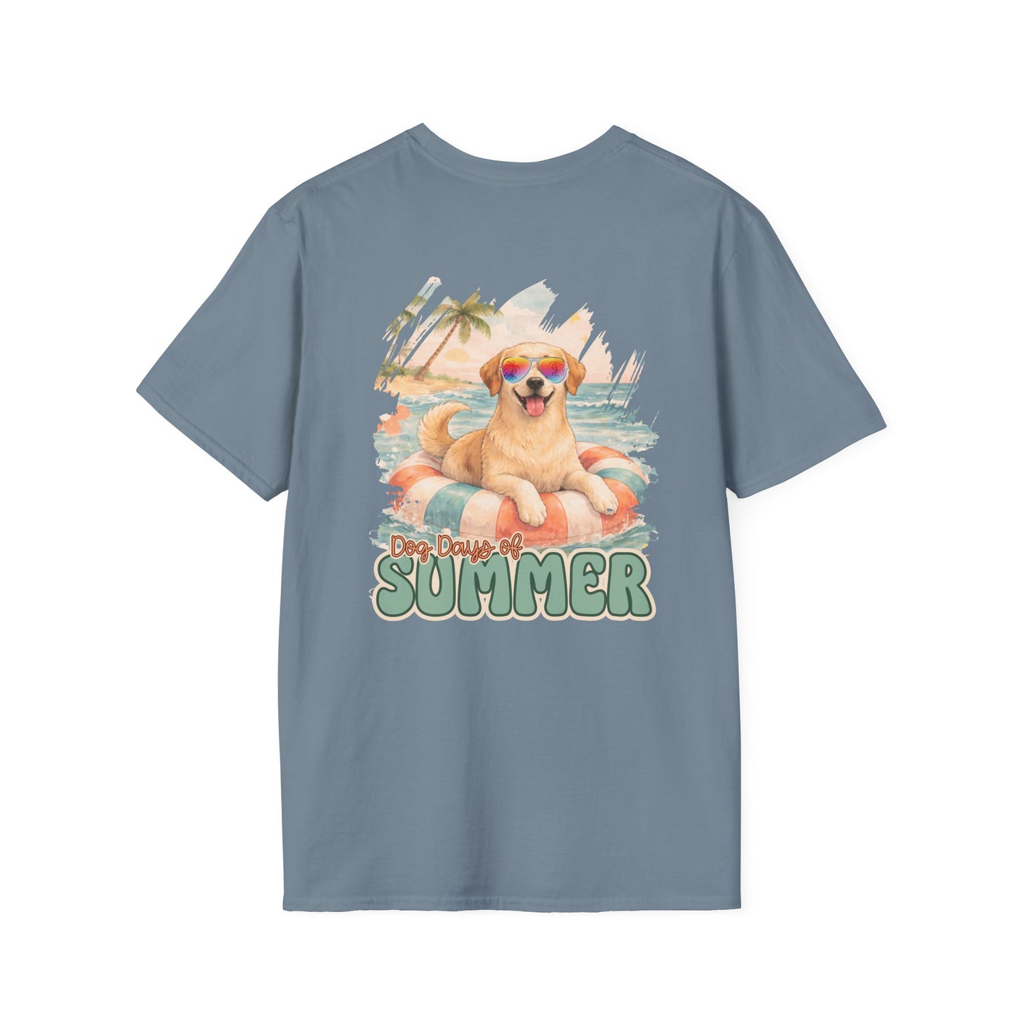 Golden Lab Beach Tee – Retro Summer Dog Shirt with Sunglasses | Coastal Back Graphic + Palm Chest Print