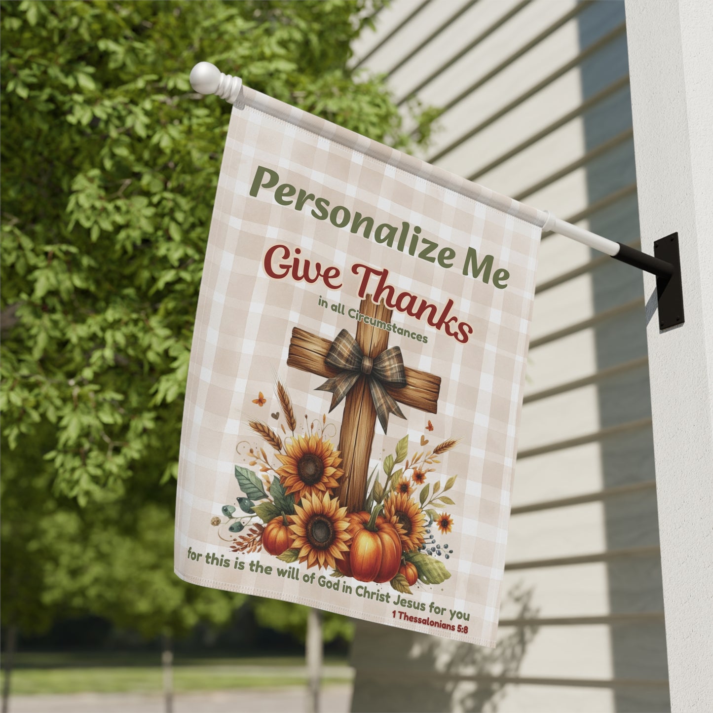 Give Thanks Personalized Garden Flag – Christian Fall Flag with Cross, Sunflowers & Pumpkins | Also in 24.5×32" House Flag Size