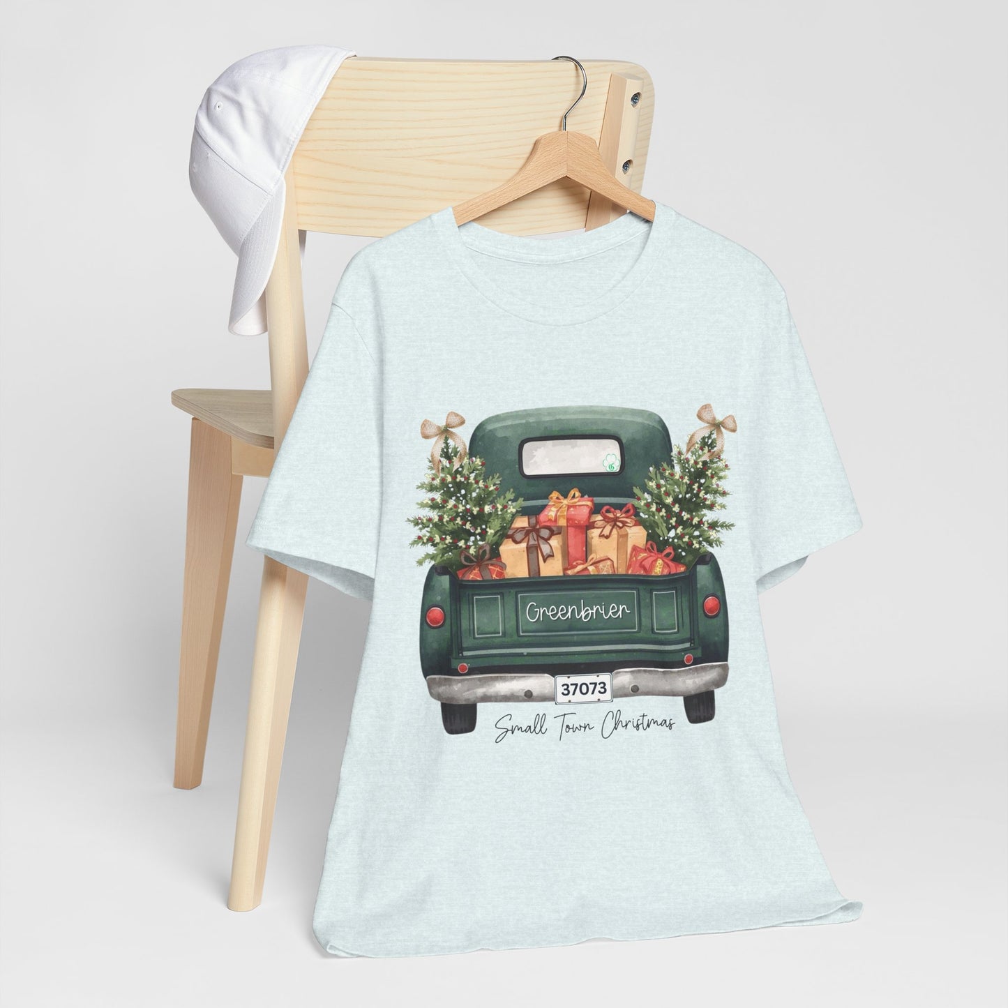 Small Town Christmas T-Shirt – Vintage Green Truck with Gifts & Trees | Personalized Bella Canvas Unisex Tee