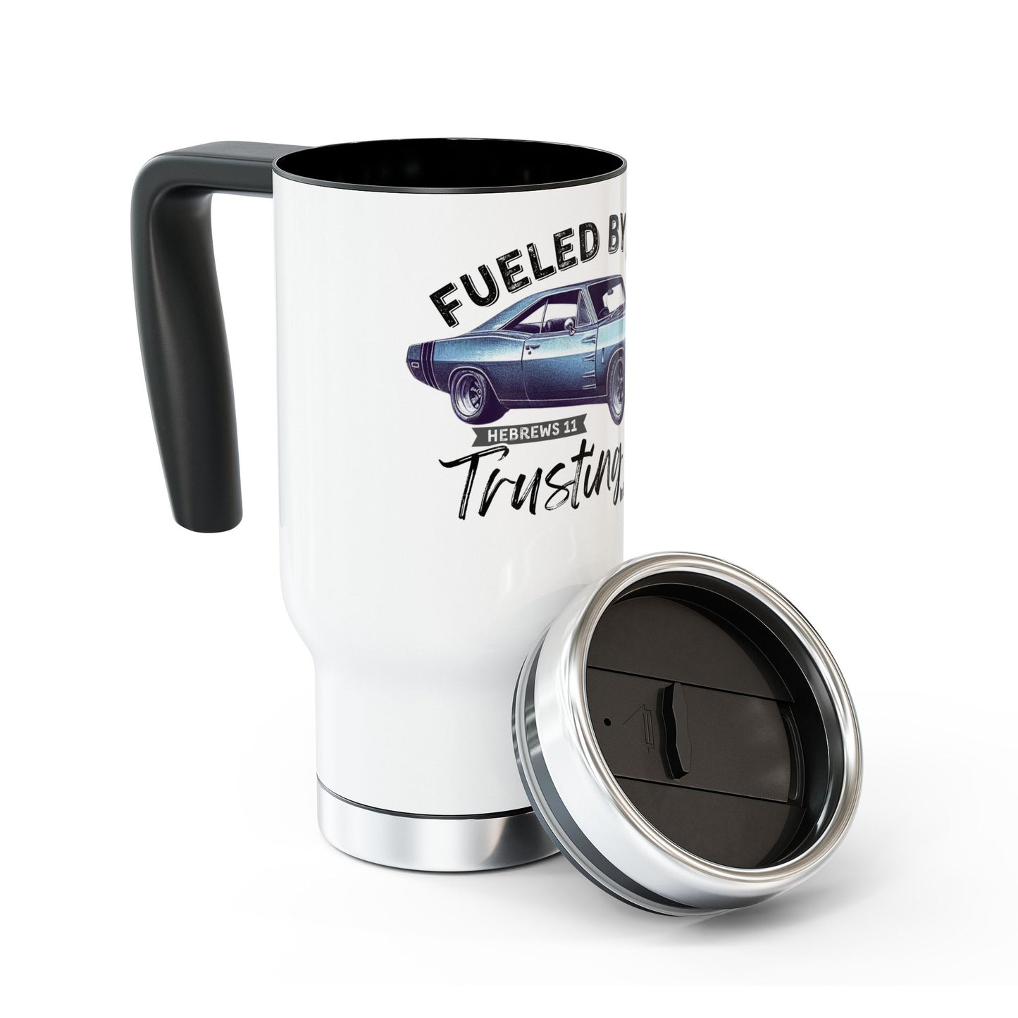 Fueled by Faith Baracuda 14 oz Stainless Steel Travel Mug – Hebrews 11 Christian Muscle Car Tumbler