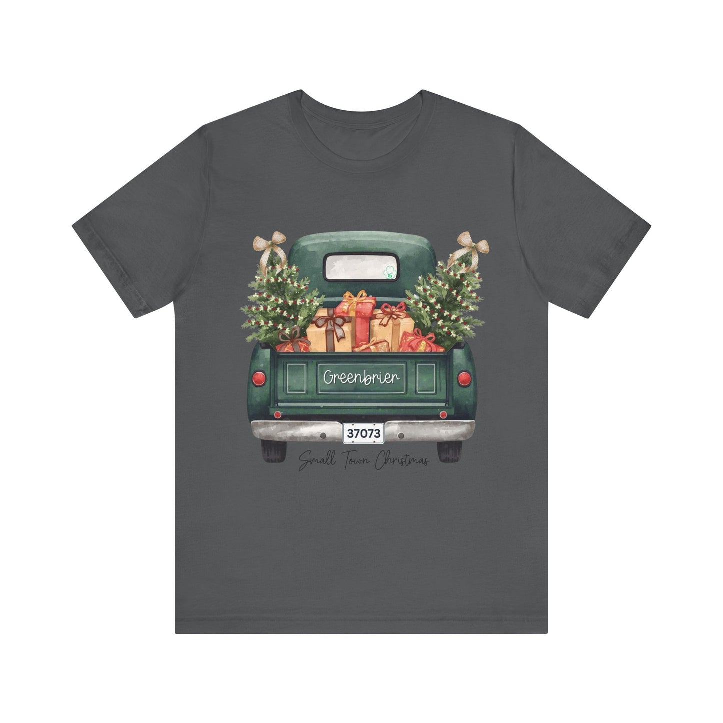 Small Town Christmas T-Shirt – Vintage Green Truck with Gifts & Trees | Personalized Bella Canvas Unisex Tee