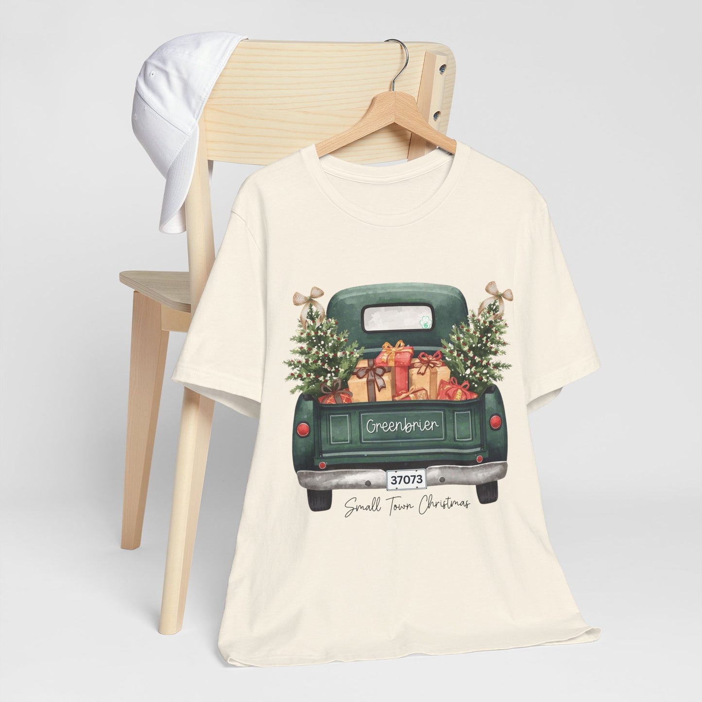 Small Town Christmas T-Shirt – Vintage Green Truck with Gifts & Trees | Personalized Bella Canvas Unisex Tee