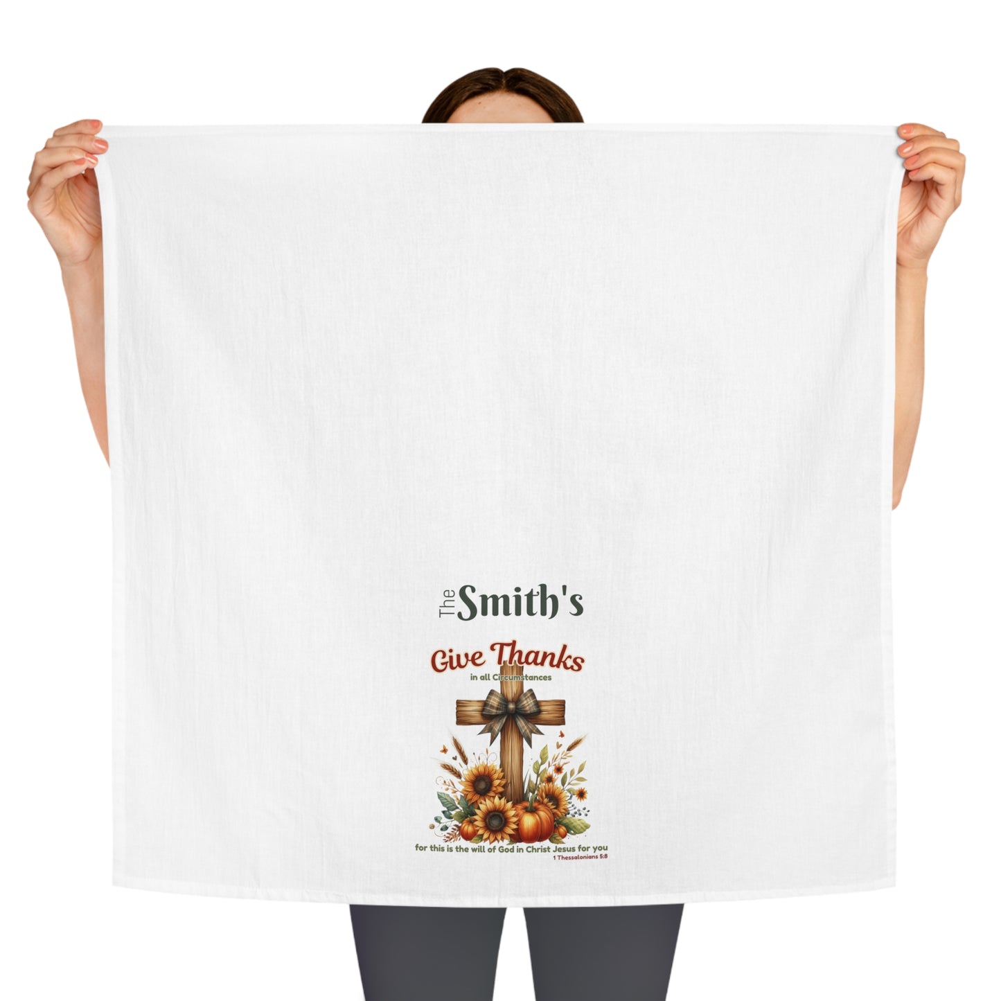 Give Thanks Personalized Tea Towel – Christian Fall Kitchen Towel with Cross, Sunflowers & Pumpkins | Thanksgiving Décor Gift