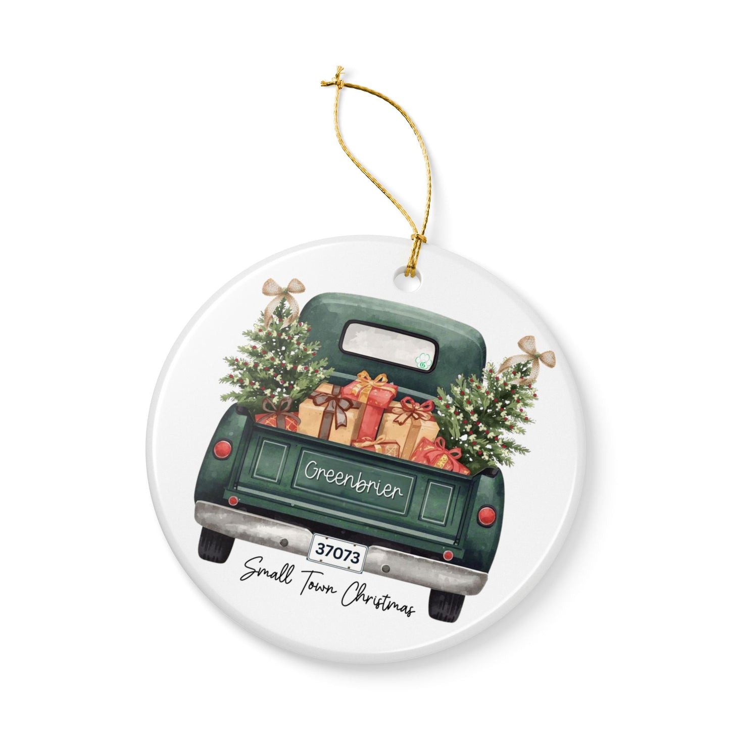 Small Town Christmas Ornament – Vintage Green Truck with Gifts & Trees | Personalized Ceramic Keepsake