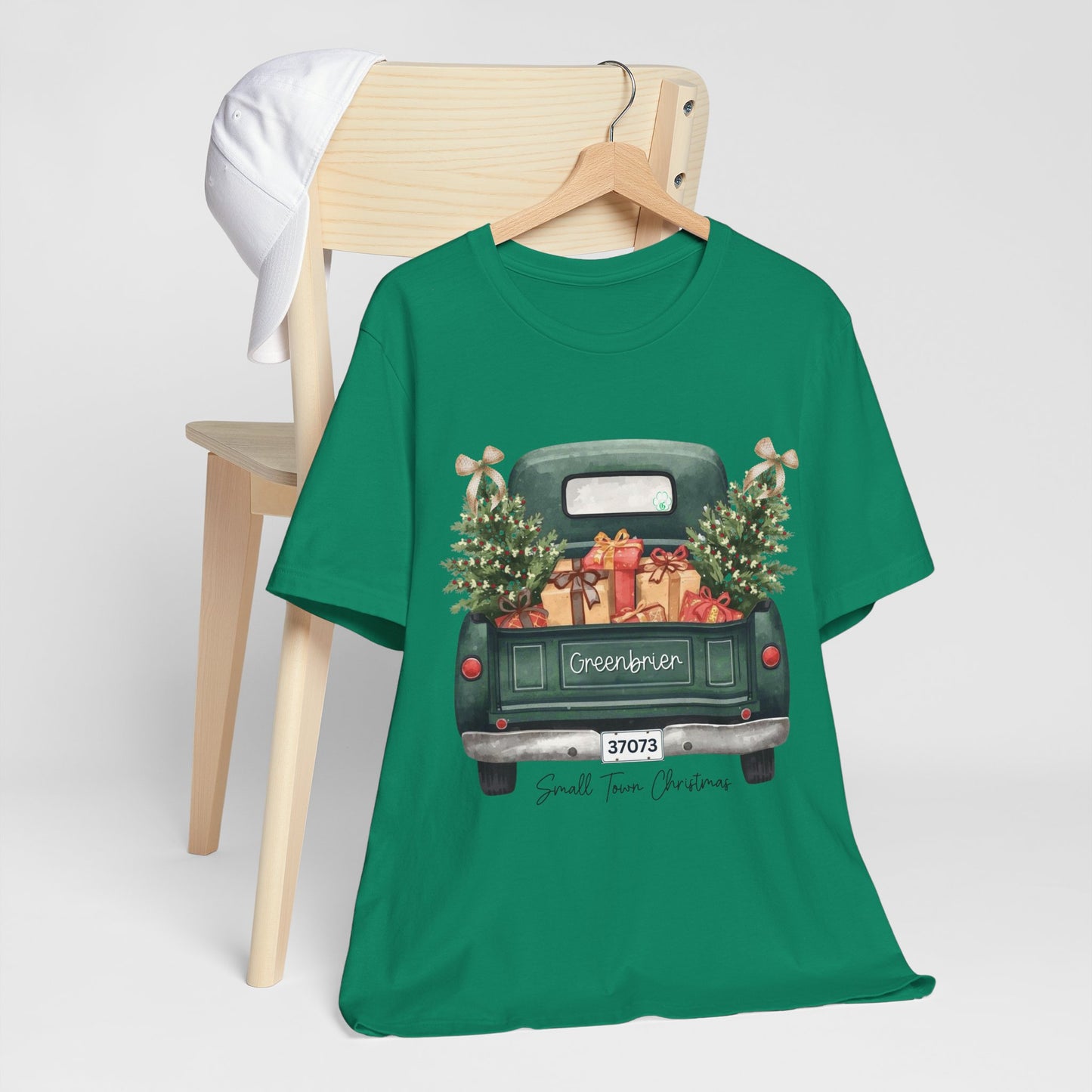 Small Town Christmas T-Shirt – Vintage Green Truck with Gifts & Trees | Personalized Bella Canvas Unisex Tee
