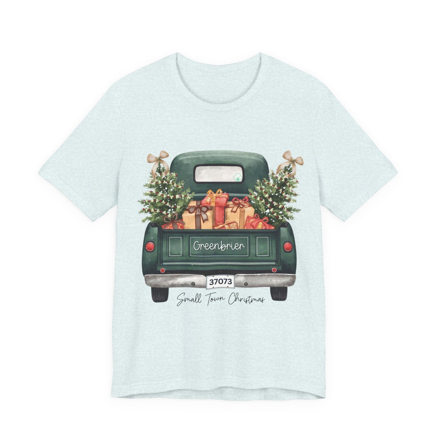 Small Town Christmas T-Shirt – Vintage Green Truck with Gifts & Trees | Personalized Bella Canvas Unisex Tee