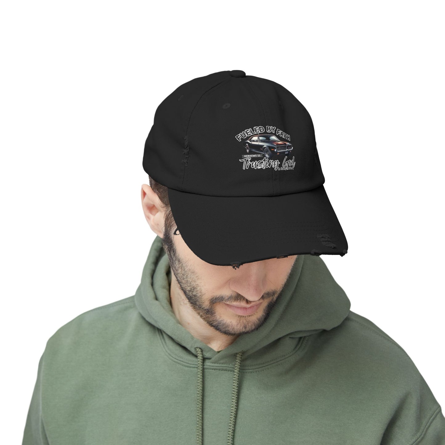 Fueled by Faith Cougar Distressed Trucker Hat – Hebrews 11 Christian Muscle Car Cap