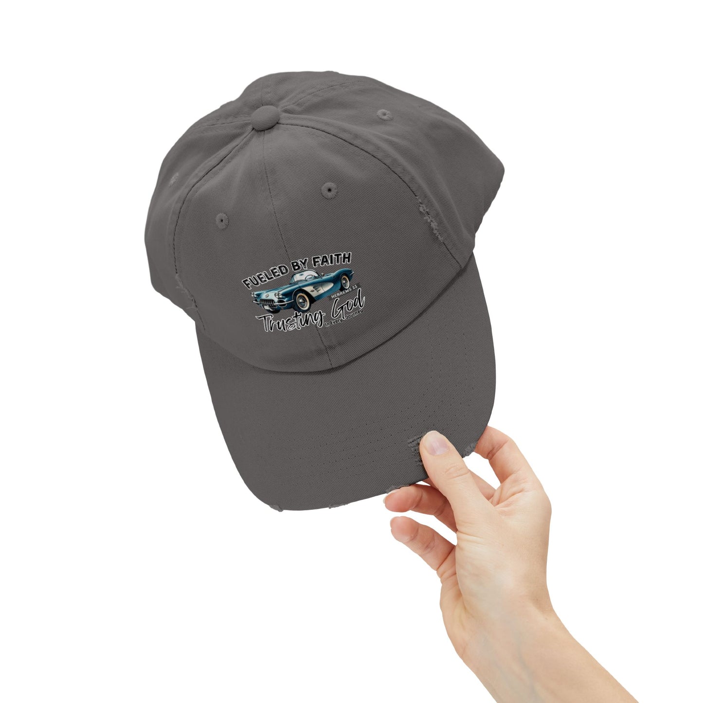 Fueled by Faith Corvette Distressed Trucker Hat Trusting God | Hebrews 11 Christian Car Cap