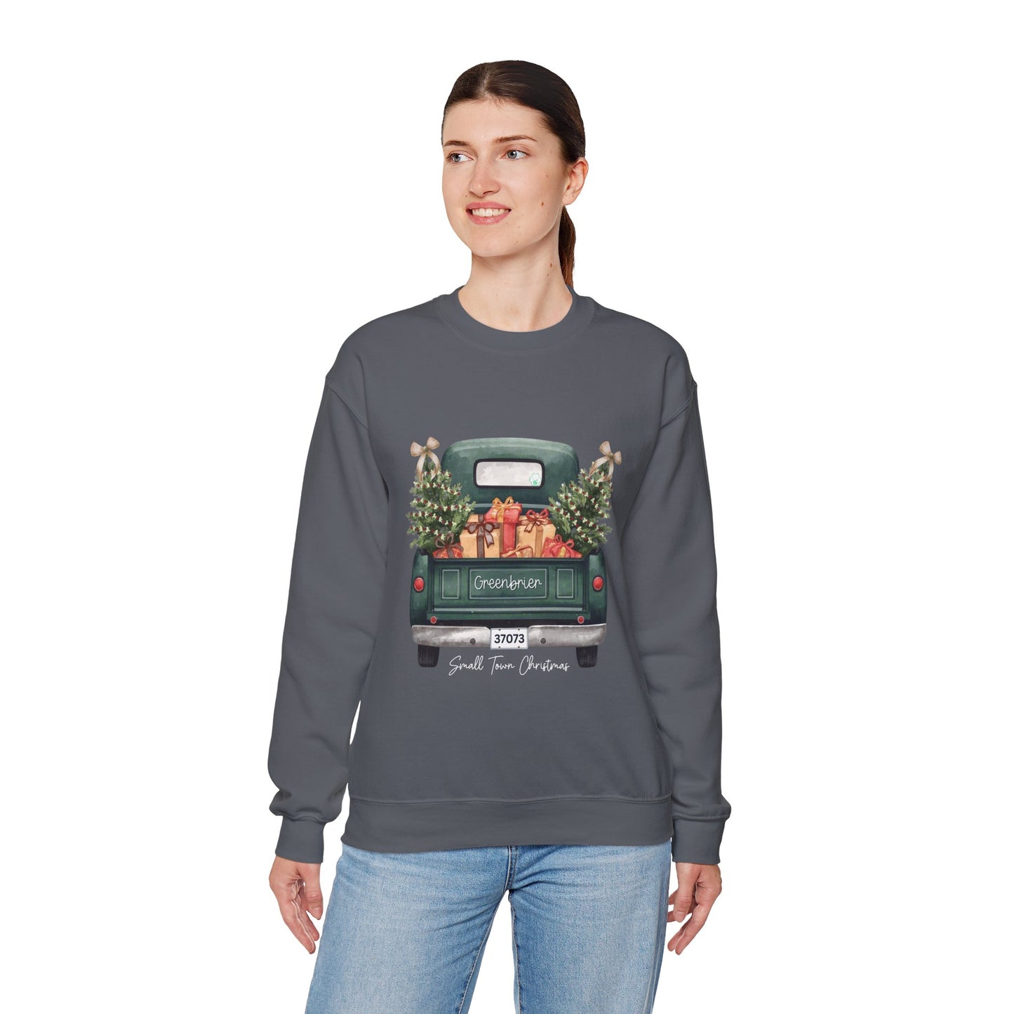 Small Town Christmas Sweatshirt – Vintage Green Truck with Gifts & Trees | Cozy Gildan 18000 Crewneck