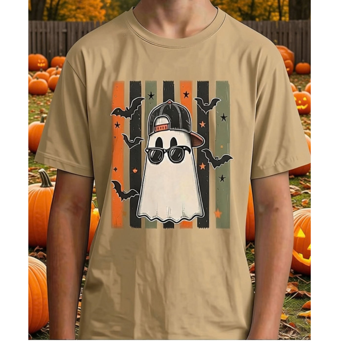Cool Ghost Kids Halloween T-Shirt | Retro Striped Ghost Tee