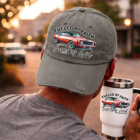 Fueled by Faith Camaro Distressed Trucker Hat – Hebrews 11 Christian Muscle Car Cap
