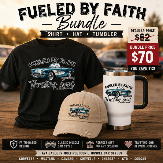 Fueled by Faith Corvette Bundle | Muscle Car T-Shirt, Hat & Travel Mug Set