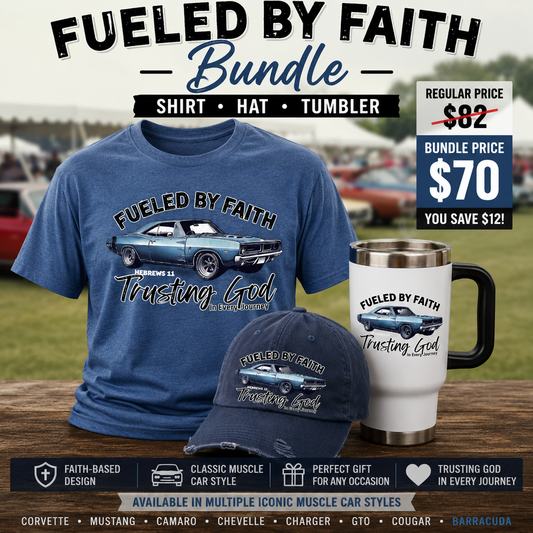 Fueled by Faith Barracuda Bundle | Muscle Car T-Shirt, Hat & Travel Mug Set
