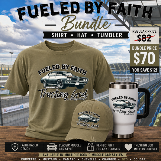 Fueled by Faith GTO Bundle | Muscle Car T-Shirt, Hat & Travel Mug Set