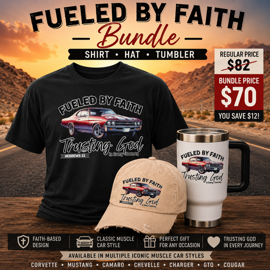 Fueled by Faith Chevelle Bundle | Muscle Car T-Shirt, Hat & Travel Mug Set
