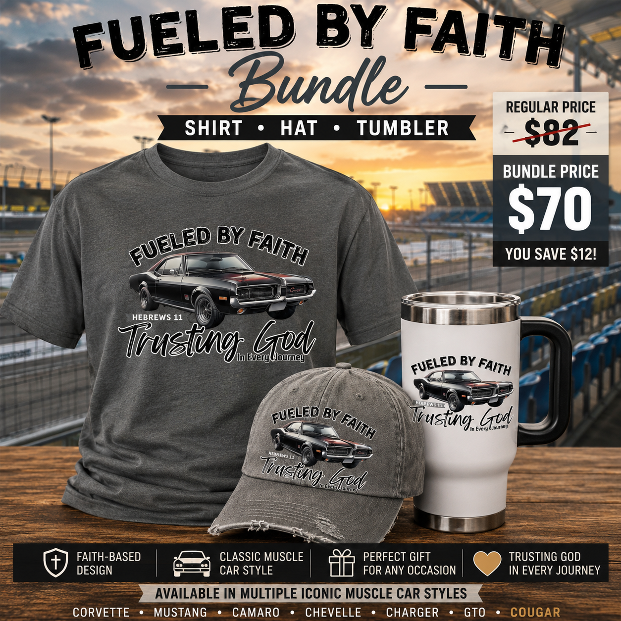 Fueled by Faith Cougar Bundle | Muscle Car T-Shirt, Hat & Travel Mug Set