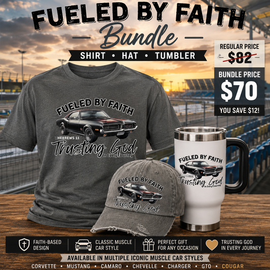 Fueled by Faith Cougar Bundle | Muscle Car T-Shirt, Hat & Travel Mug Set