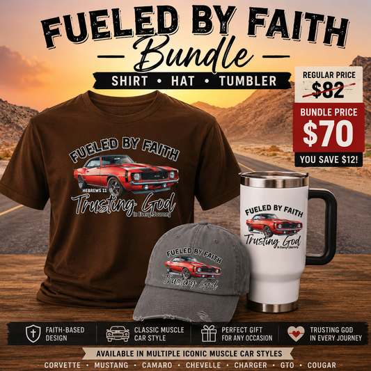 Fueled by Faith Camaro Bundle | Muscle Car T-Shirt, Hat & Travel Mug Set