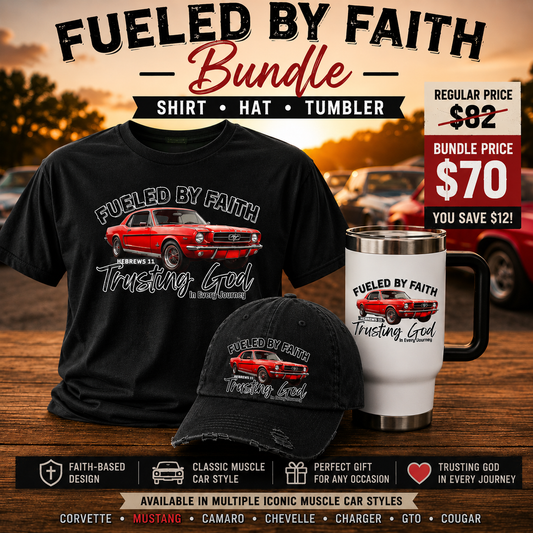 Fueled by Faith Mustang Bundle | Muscle Car T-Shirt, Hat & Travel Mug Set