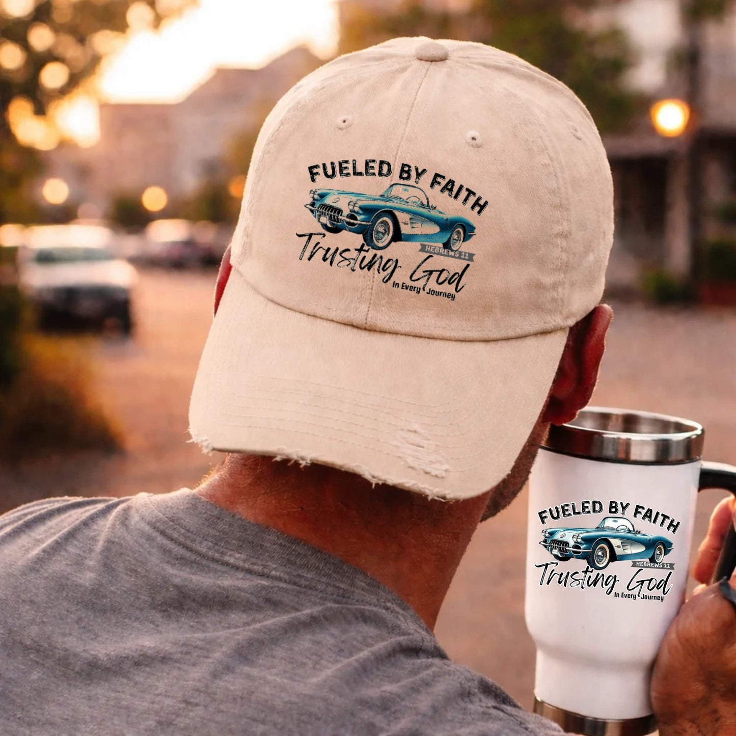 Fueled by Faith Corvette Distressed Trucker Hat Trusting God | Hebrews 11 Christian Car Cap