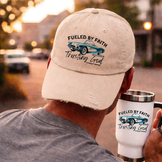 Fueled by Faith Corvette Distressed Trucker Hat Trusting God | Hebrews 11 Christian Car Cap