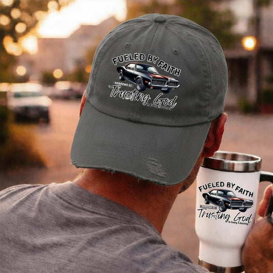 Fueled by Faith Cougar Distressed Trucker Hat – Hebrews 11 Christian Muscle Car Cap