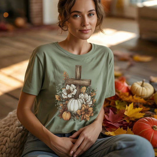 Fall Cross & Pumpkins Christian T-Shirt | Autumn Faith Tee