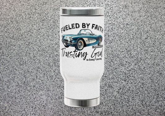 Fueled by Faith Corvette 14 oz Stainless Steel Travel Mug Hebrews 11 Christian Car Tumbler | Trusting God