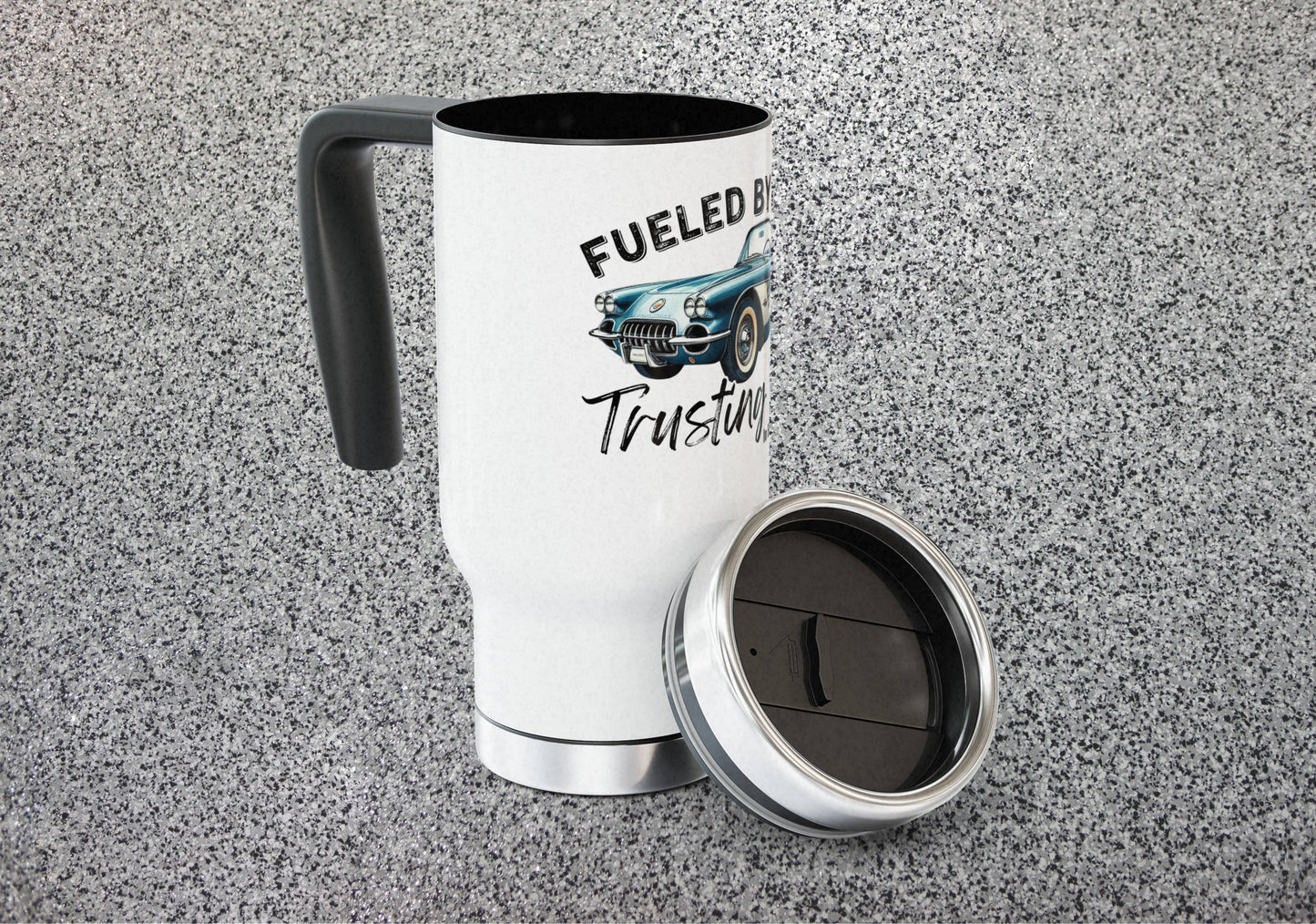 Fueled by Faith Corvette 14 oz Stainless Steel Travel Mug Hebrews 11 Christian Car Tumbler | Trusting God