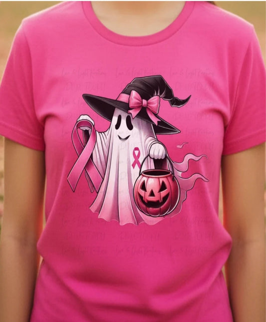 Pink Ribbon Ghost Halloween T-Shirt | Breast Cancer Awareness Tee