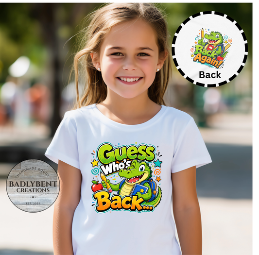 Kids Tee — Playful Cartoon Crocodile "Guess Who's Back / Back Again" Graphic